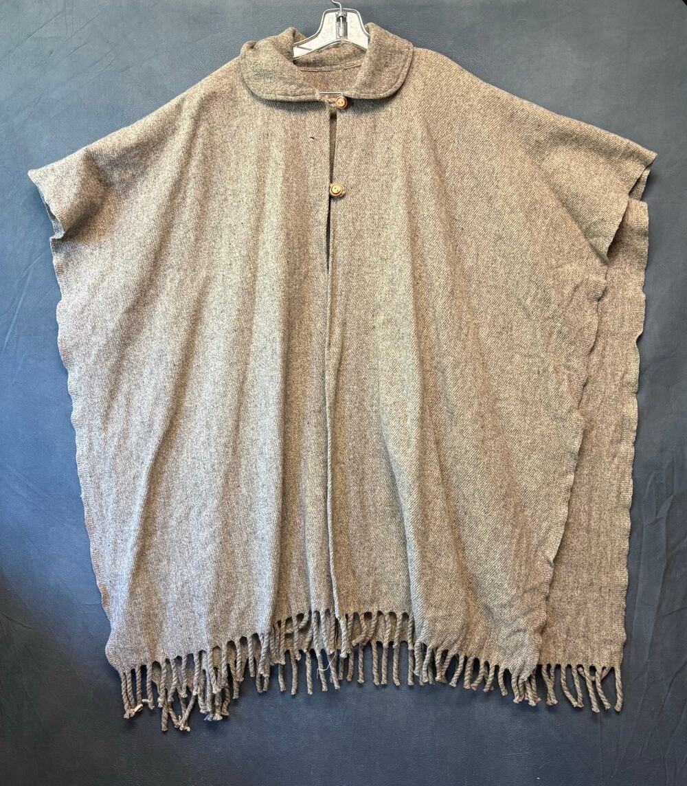 Vintage 1960s Wool Poncho Cape Coat Fringe Hem Tan Brown One Size Boho Western